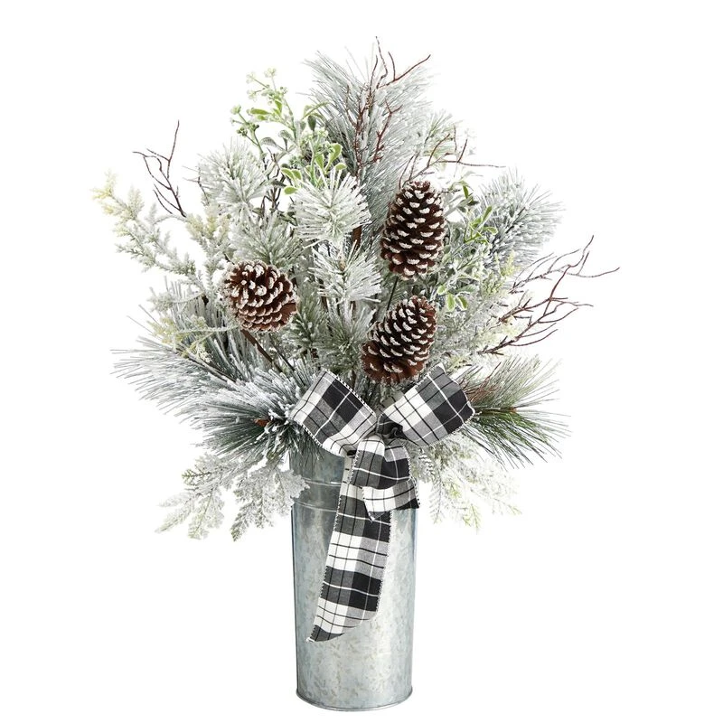Nearly Natural 28-in Frosted Greenery And Pinecone With Plaid Bow Artificial Christmas Arrangement In Decorative Tin 1 Nearly Natural 28-in Frosted Greenery And Pinecone With Plaid Bow Artificial Christmas Arrangement In Decorative Tin