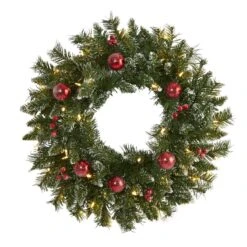 HomPlanti 24" Frosted Artificial Christmas Wreath With 50 Warm White LED Lights, Ornaments And Berries