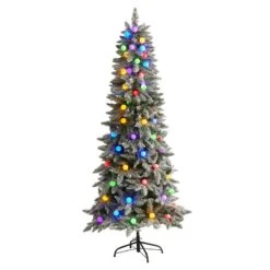Nearly Natural 6.5-ft Flocked British Columbia Mountain Fir Artificial Christmas Tree In Decorative Planter With 75 Multi Color Globe Bulbs And 679 Bendable Branches