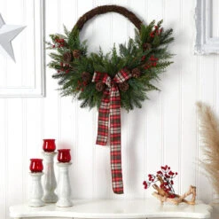 Nearly Natural 28-in Pine And Pinecone Artificial Christmas Wreath With Decorative Bow -Sunnydaze Decor Shop 5f745274c6fc4a89b103bfc2c71821b8