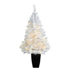 Nearly Natural 50-in White Christmas Tree W/100 LED In Black Metal Planter