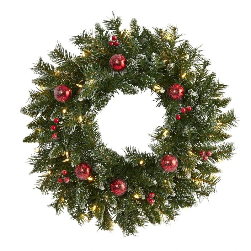 Nearly Natural 24-in Frosted Artificial Christmas Wreath With 50 Warm White LED Lights, Ornaments And Berries 2 Nearly Natural 24-in Frosted Artificial Christmas Wreath With 50 Warm White LED Lights, Ornaments And Berries - Image 2