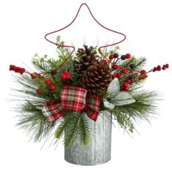 Nearly Natural 17-in Pinecone And Berries Artificial Christmas Arrangement With Decorative Metal Vase And Wrired Red Christmas Tree
