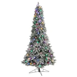 Nearly Natural 8.5-ft Flocked British Columbia Mountain Fir Artificial Christmas Tree With 120 Multi Color Globe Bulbs And 1513 Bendable Branches Green