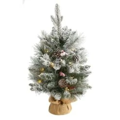 Nearly Natural 2-ft Flocked Artificial Christmas Tree With 30 Clear Lights, 73 Bendable Branches, Pine Cones And Berries