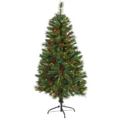Nearly Natural 5-ft Mixed Pine Artificial Christmas Tree With 150 Clear LED Lights, Pine Cones And Berries Green