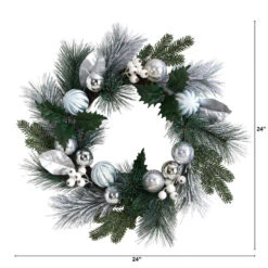 Nearly Natural 24-in Assorted Snow Tipped Pine, Pinecones And Berries Artificial Christmas Wreath With Silver Ornaments 7 Nearly Natural 24-in Assorted Snow Tipped Pine, Pinecones And Berries Artificial Christmas Wreath With Silver Ornaments -Sunnydaze Decor Shop 650858698ce44978ad1b6d94e397ffb0