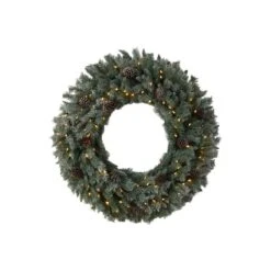 HomPlanti 4" Large Flocked Artificial Christmas Wreath With Pinecones, 150 Clear LED Lights And 360 Bendable Branches