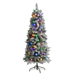 Nearly Natural 5-ft Flocked British Columbia Mountain Fir Artificial Christmas Tree With 50 Multi Color Globe Bulbs And 379 Bendable Branches