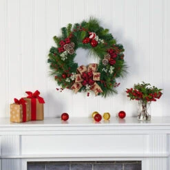 Nearly Natural 24-in Christmas Pine Artificial Wreath With Pine Cones And Ornaments 7 Nearly Natural 24-in Christmas Pine Artificial Wreath With Pine Cones And Ornaments -Sunnydaze Decor Shop 7140e3b9243041adbd2b73d04f0625dc