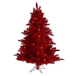 Nearly Natural 5-ft Red Flocked Fraser Fir Artificial Christmas Tree With 250 Red Lights, 26 Globe Bulbs And 490 Bendable Branches