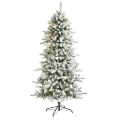 Nearly Natural 6-ft Flocked Livingston Fir Artificial Christmas Tree With Pine Cones And 300 Clear Warm LED Lights Green
