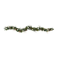 HomPlanti 9" Ornament And Pinecone Artificial Christmas Garland With 50 Clear LED Lights