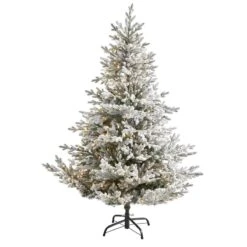 Nearly Natural 7-ft Flocked Fraser Fir Artificial Christmas Tree With 600 Warm White Lights And 3852 Bendable Branches Green