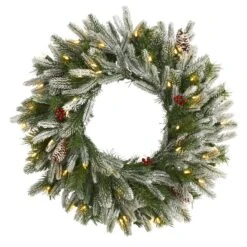 Nearly Natural 24-in Snowed Artificial Christmas Wreath With 50 Warm White LED Lights And Pine Cones