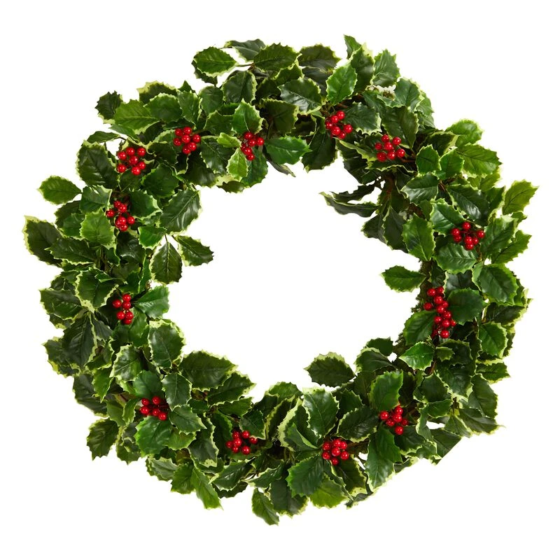 HomPlanti 22" Variegated Holly Leaf With Berries Artificial Christmas Wreath 1 HomPlanti 22" Variegated Holly Leaf With Berries Artificial Christmas Wreath