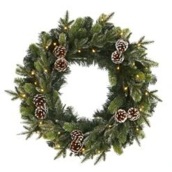Nearly Natural 24-in Snowed Pinecone Artificial Christmas Wreath With 35 Clear LED Lights