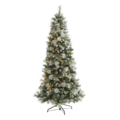 Nearly Natural 7-ft Frosted Tip British Columbia Mountain Pine Artificial Christmas Tree With 400 Clear Lights, Pine Cones And 882 Bendable Branches