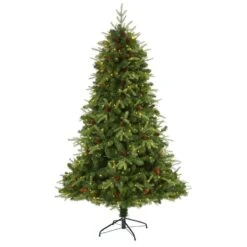 Nearly Natural 7-ft Wellington Spruce “Natural Look-in Artificial Christmas Tree With 400 Clear LED Lights And Pine Cones Green
