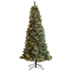 Nearly Natural 8-ft Frosted Tip British Columbia Mountain Pine Artificial Christmas Tree With 500 Clear Lights, Pine Cones And 1112 Bendable Branches Green