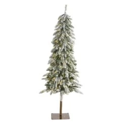 Nearly Natural 5.5-ft Flocked Washington Alpine Christmas Artificial Tree With 150 White Warm LED Lights And 377 Bendable Branches Green