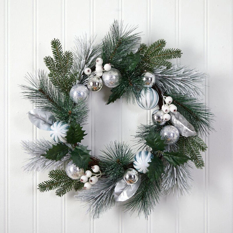 Nearly Natural 24-in Assorted Snow Tipped Pine, Pinecones And Berries Artificial Christmas Wreath With Silver Ornaments 4 Nearly Natural 24-in Assorted Snow Tipped Pine, Pinecones And Berries Artificial Christmas Wreath With Silver Ornaments - Image 4