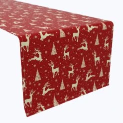 Fabric Textile Products, Inc. Table Runner, 100% Cotton, Golden Reindeer & Christmas Trees Red