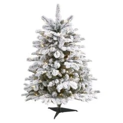Nearly Natural 3-ft Flocked North Carolina Fir Artificial Christmas Tree With 150 Warm White Lights And 545 Bendable Branches Green