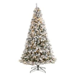 Nearly Natural 9-ft Flocked White River Mountain Pine Artificial Christmas Tree With Pinecones And 650 Clear LED Lights Green