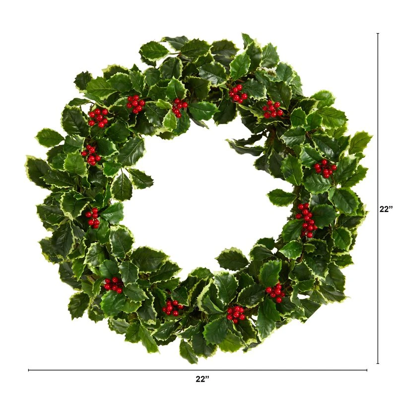 HomPlanti 22" Variegated Holly Leaf With Berries Artificial Christmas Wreath 2 HomPlanti 22" Variegated Holly Leaf With Berries Artificial Christmas Wreath - Image 2