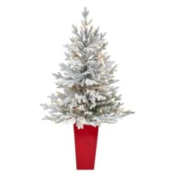 Nearly Natural 4-ft Flocked Fraser Fir Artificial Christmas Tree With 200 Warm White Lights And 481 Bendable Branches In Red Planter