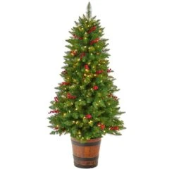 Nearly Natural 5-ft Colorado Aspen Pre-Lit Artificial Porch Christmas Tree With 200 LED Lights, 426 Bendable Branches And Berries In Decorative Planter