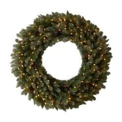 Nearly Natural 4-ft Large Flocked Artificial Christmas Wreath With Pinecones, 150 Clear LED Lights And 330 Bendable Branches