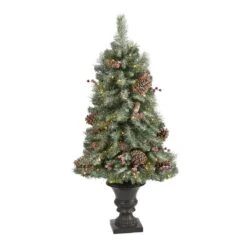 Nearly Natural 4-ft Frosted Pine, Pinecone And Berries Artificial Christmas Tree With 100 Clear LED Lights In Decorative Urn