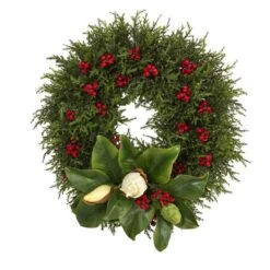 Nearly Natural 20-in Cedar, Berries And Magnolia Artificial Christmas Wreath