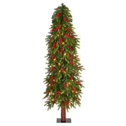 Nearly Natural 5-ft Victoria Fir Artificial Christmas Tree With 200 Multi-Color (Multifunction) LED Lights, Berries And 278 Bendable Branches Green
