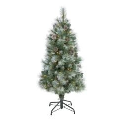Nearly Natural 4-ft Frosted Tip British Columbia Mountain Pine Artificial Christmas Tree With 100 Clear Lights, Pine Cones And 228 Bendable Branches Green