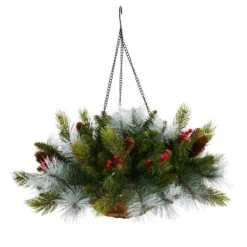 HomPlanti 24" Holiday Pre-Lit (30 LED Lights) Pine And Berries Artificial Christmas Hanging Basket, Indoor Outdoor Patio Porch Decor -Sunnydaze Decor Shop a6878f412067451bb6b81ebcf5a79929