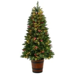Nearly Natural 5-ft Frosted Colorado Aspen Pre-Lit Artificial Porch Christmas Tree With 200 LED Lights, 426 Bendable Branches And Berries In Decorative Planter