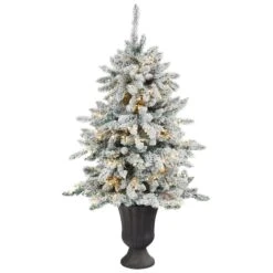 Nearly Natural 4.5-ft Flocked Livingston Fir Artificial Christmas Tree With Pine Cones And 150 Clear Warm LED Lights In Charcoal Urn