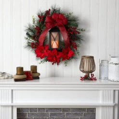 Nearly Natural 28-in Poinsettia And Berry Holiday Lantern Christmas Wreath With LED Candle -Sunnydaze Decor Shop b6dcbbbb584c4bf7aa8917c9e2de658b