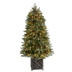 Nearly Natural 5-ft Colorado Fir Flocked Dusted Artificial Christmas Tree With 300 LED Lights, 514 Bendable Branches And Pinecones In Decorative Planter