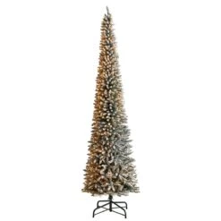 Nearly Natural 12-ft Flocked Pencil Artificial Christmas Tree With 1000 Clear Lights And 1819 Bendable Branches