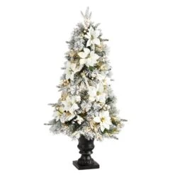 Nearly Natural 4-ft Flocked Artificial Christmas Tree With 223 Bendable Branches And 100 Warm Lights In Decorative Urn