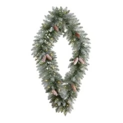 HomPlanti 3' Holiday Christmas Geometric Diamond Frosted Wreath With Pinecones And 50 Warm White LED Lights