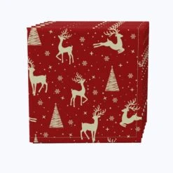 Fabric Textile Products, Inc. Napkin Set Of 4, 100% Cotton, Golden Reindeer & Christmas Trees