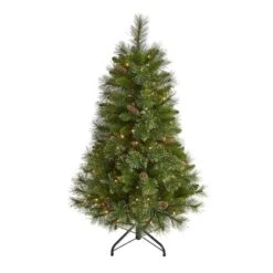 Nearly Natural 4-ft Golden Tip Washington Pine Artificial Christmas Tree With 100 Clear Lights, Pine Cones And 336 Bendable Branches Green