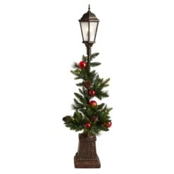 Nearly Natural 5-ft Holiday Decorated Lamp Post With Artificial Christmas Greenery, Ornaments And 50 LED Lights, Indoor Outdoor Patio Porch Decor