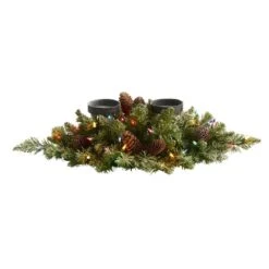 Nearly Natural 24-in Flocked Artificial Christmas Double Candelabrum With 35 Multicolored Lights And Pine Cones