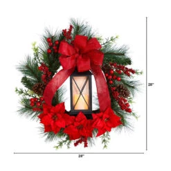 Nearly Natural 28-in Poinsettia And Berry Holiday Lantern Christmas Wreath With LED Candle -Sunnydaze Decor Shop ceb3ff62806c4e54b5c1e39649555405